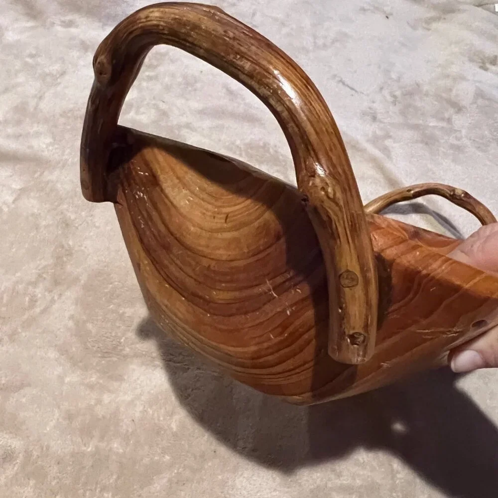 Hand Carved Burl Wood Handled Bowl/ Basket Rustic Exotic Resort Bread Fruit Trin